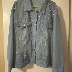 SHEIN Plus Pearl Beaded Flap Pocket Denim Jacket 4XL 20 NEW